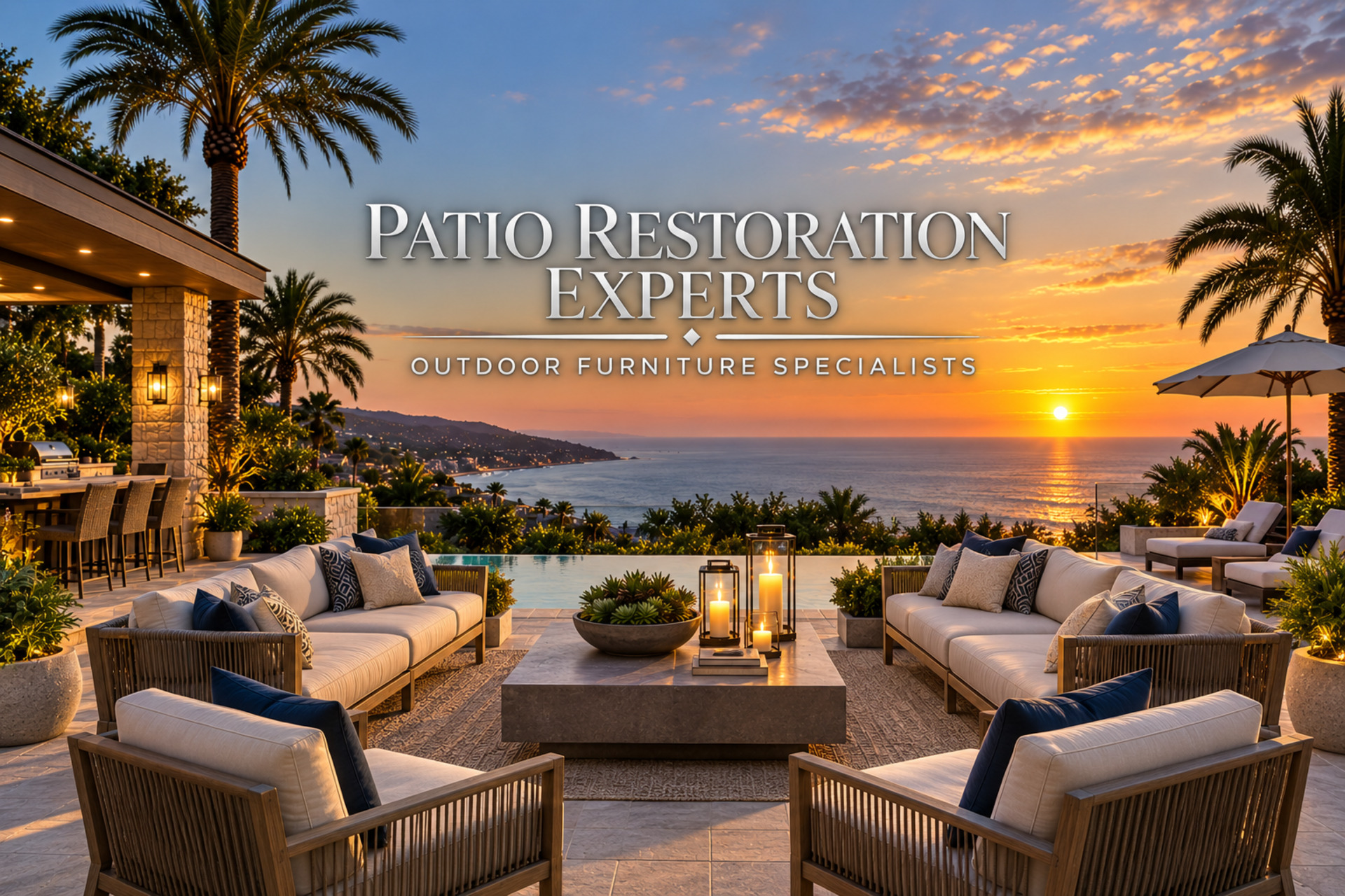 Restored patio furniture with new slings and powder-coated frames on a Los Angeles patio